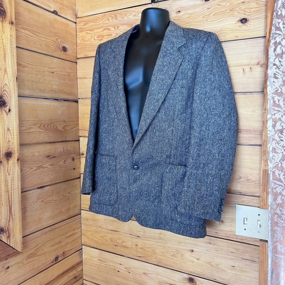 Vintage Wool Tweed Blazer Mens Size 40 Blue Herringbone Sport Coat 70s MCM Sears